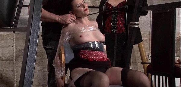  Submissive Caroline Pierces spanking and double domination of plastic tied bonda